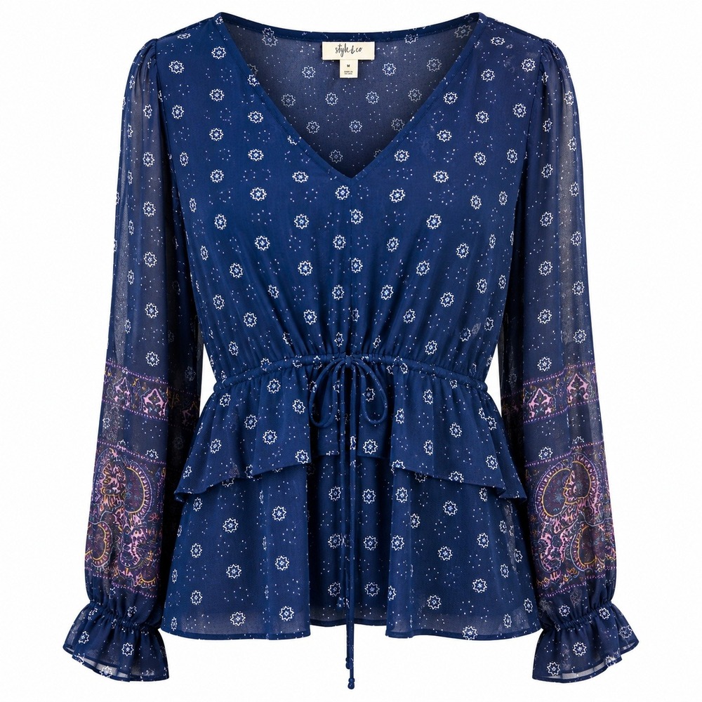Style & Co Women's Navy Boho Peasant Blouse Mesh Sheer Long Sleeve Drawstring M
